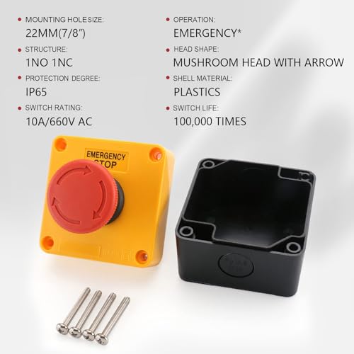 BAOMAIN Red Sign E-Stop Button, 1NO1NC 660V 10A Waterproof Switch Station - style: 1NC1NO-Emergency Stop