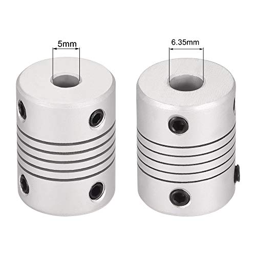 uxcell 5mm to 6.35mm Aluminum Alloy Shaft Coupling Flexible Coupler Motor Connector Joint L25xD19 Silver,5pcs
