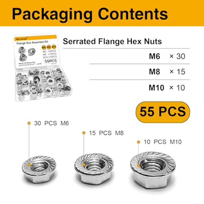 55PCS Serrated Flange Nuts Assortment, M6 M8 M10, 304 Stainless - size: MIX-55PCS