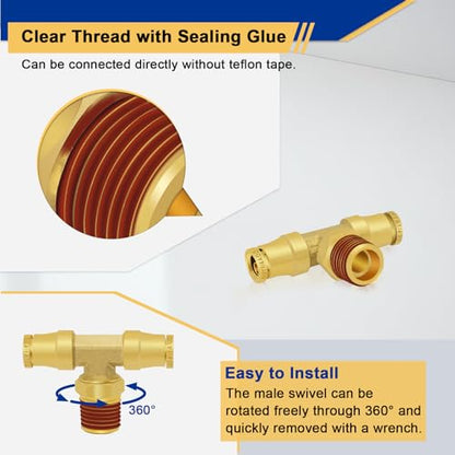 3 PCS Brass Push to Connect Fittings 1/4" Tube OD × 1/4" NPT Tee - color: 3PCS 1/4"OD * 1/4"NPT*1/4"OD Tee
