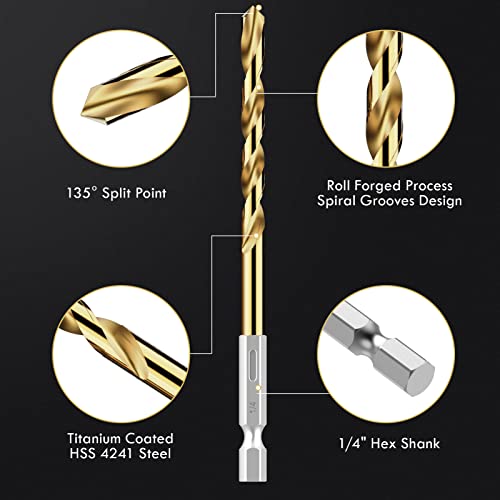 30Pcs(1/16" - 1/2") Hex Shank Titanium Twist Drill Bit Set - size: 1/16" - 1/2" - 30pcs HSS