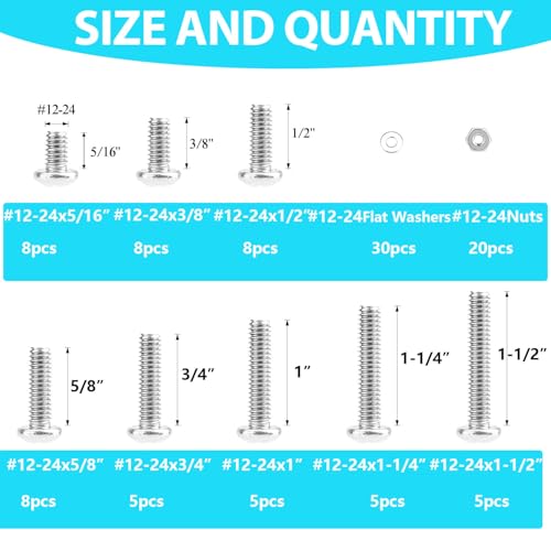 102 Pieces #12-24 Phillips Pan Head Machine Screws Nuts Washers Assortment Kit, Coarse Thread, Fully Machine Threaded, 304 Stainless Steel - size: #12-24