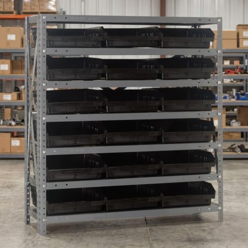Quantum Storage Systems 1239-109BK Steel Shelving Unit with 4" Shelf Bins, 12" D x 36" W x 39" H, Black - size: 39" H x 36" W x 12" D, style: 12" L x 12" W x 4" H 18 Economy Black Bins