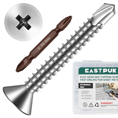 250pcs #8 x 1-1/4 Sheet Metal Self Tapping Screws Assortment Kit, 410 Stainless Steel Flat Head High-Strength Fast Self-Drilling Screws, Bright Finish - size: #8x1-1/4"