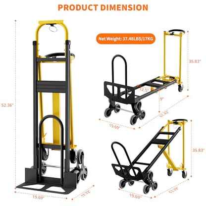 3-in-1 Heavy Duty Convertible Hand Truck, 800 Lbs Capacity Dolly Cart, Aluminum Dolly Hand Truck with Stair Climber Wheels, Stair Climbing Cart for Warehouse Transport & Moving(Yellow+Black)