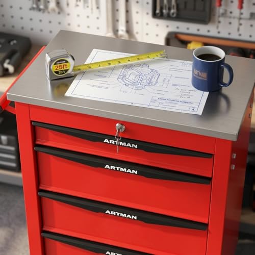 Rolling Tool Chest,Stainless Steel Worktop,Red,4‑Drawer - color: Red, size: 4-Drawers