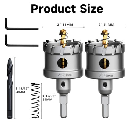 Metal Hole Saw 2''(51mm) 2Pcs Set Heavy Duty Tungsten Carbide Tipped Hole Cutters Set with a nitrided Step Drill and L-flench, for Steel Iron,Aluminum,Stainless stell,Plastic - size: 2''(51mm)-2PCS