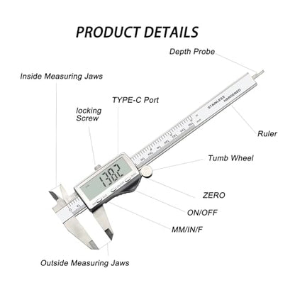 Digital Caliper Measuring Tool, 6 Inch Stainless Steel Vernier Micrometer with Large LCD Screen, USB-C Rechargeable, Inch/MM/Fraction (6 Inch)