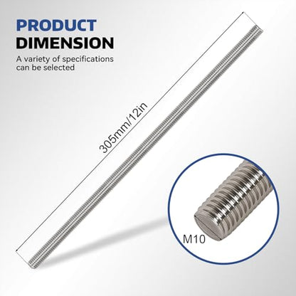 4 Pcs 304 Stainless Steel M10 Threaded Rod,12"(305mm) - size: M10x305mm