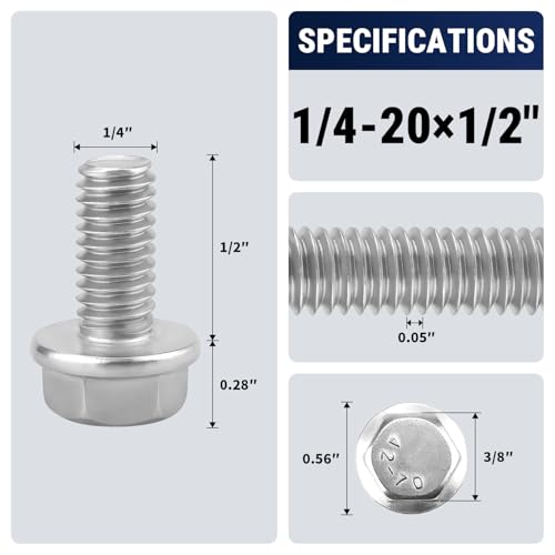 1/4-20 x 1/2" Flange Hex Bolts, 304 Stainless Steel 18-8, A2-70 Grade, Non-Serrated Flange Bolts for Automotive Repair, Fully Threaded, 20 Pcs - size: 1/4-20 x 1/2