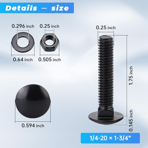 Glvaner (10 Sets) 1/4-20 x 1-3/4" Stainless Steel Carriage Bolts Screws Black and Hex Nuts & Flat Washers Black, Round Head Square Neck, 304 Stainless Steel 18-8, Full Thread Coverage - size: 1/4-20 x 1-3/4"