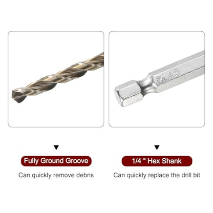 HARFINGTON 4pcs M35 High Speed Steel Cobalt Twist Drill Bit 4.5mm/0.04" Dia with Quick Change 1/4" Hex Shank Jobber Drill Bit for Metal, Steel, Copper, Aluminum, Zinc Alloy - size: 4.5mm