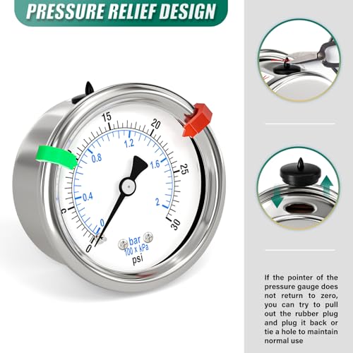 0-30Psi Stainless Steel Dry Low Pressure Gauge 1/8" NPT 2" Dual Scale Dial, Back Mount, Waterproof for Water Oil Air Well Pump, compressors, Tire Gas Pressure Test (with Range Mark Pointer) - size: 0-30Psi, style: Back Mount(1/8"NPT)