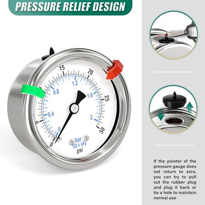0-30Psi Stainless Steel Dry Low Pressure Gauge 1/8" NPT 2" Dual Scale Dial, Back Mount, Waterproof for Water Oil Air Well Pump, compressors, Tire Gas Pressure Test (with Range Mark Pointer) - size: 0-30Psi, style: Back Mount(1/8"NPT)