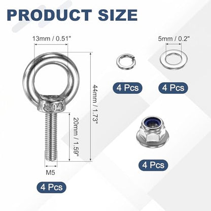 PATIKIL M5 x 20mm Shoulder Eye Bolt, 4 Pcs 304 Stainless Steel Lifting Ring Threaded Eye Bolt with Flange Lock Nuts Spring and Flat Washers for Hanging Tie Down Straps Outdoor Indoor - size: M5 x 20mm