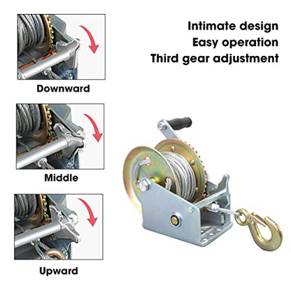 Torin Heavy‑Duty Hand Winch, 1600 Lbs Pull Capacity, 32.8ft Steel Wire Cable, Silver Manual Crank Winch for Boat, ATV, Trailer Towing - size: 1600 lbs, style: Steel Cable