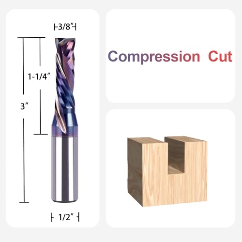 SpeTool Compression Spiral Router Bits 3/8 inch Cutting Diameter with TAC Coated Solid Carbide CNC End Mill for Wood Small Cut, Carving - size: 3/8" Dia - 1-1/4" CL -1/2" Shank, style: COMPRESSION CUT
