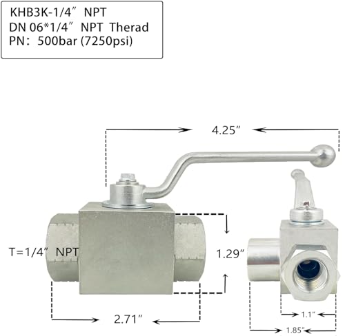Autovo High Pressure Hydraulic Ball Valve KHB3K 1/4'' NPT,Shut-Off 3 Way Ball Valve,1/4" NPT Hydraulic Valve 7250 PSI - size: SR-KHB3K-1/4NPT-05-US