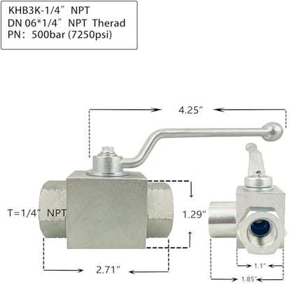 Autovo High Pressure Hydraulic Ball Valve KHB3K 1/4'' NPT,Shut-Off 3 Way Ball Valve,1/4" NPT Hydraulic Valve 7250 PSI - size: SR-KHB3K-1/4NPT-05-US