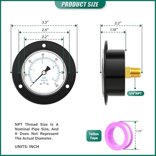 0-60PSI Black Front Flange Panel Mount, Dry Pressure Gauge, 2.5" Dial Size, 1/4" MNPT, Iron Case, with Phillips Screw and Nut, for Water, Gas, Liquid Pressure - color: Dry - Iron Case, size: 0-60PSI