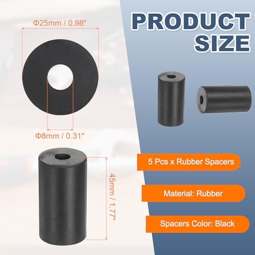 uxcell 5Pcs Rubber Spacers, 25mm OD, 8mm ID, 45mm Thick Black Round Anti Vibration Rubber Pads Isolation Bushings Washer for Home Cars Boat(0.98"OD x 0.31" ID x 1.77" Thick) - size: 25mm OD x 8mm ID x 45mm Thick