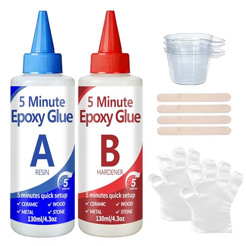 5 Minute Epoxy Glue Kit, 260ml Clear Epoxy Adhesive Sturdy, Waterproof, Heat-Resistant, Fast Curing, 5 Min Epoxy Glue All Purpose, Metal, Plastic, Wood, Ceramics, Glass and More