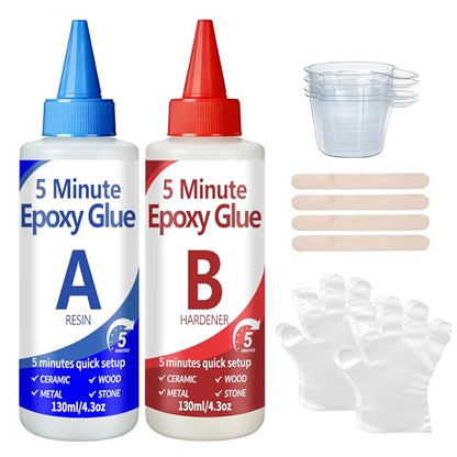 5 Minute Epoxy Glue Kit, 260ml Clear Epoxy Adhesive Sturdy, Waterproof, Heat-Resistant, Fast Curing, 5 Min Epoxy Glue All Purpose, Metal, Plastic, Wood, Ceramics, Glass and More