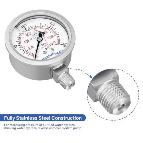 MEASUREMAN Fully Stainless Steel Hydraulic Glycerin Filled Pressure Gauge, 2-1/2" Dial Size,0-200psi/kpa,1/4" NPT Lower Mount - size: 0-200 psi, style: Lower Mount(100% Stainless Steel)