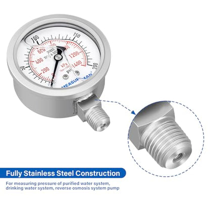 MEASUREMAN Fully Stainless Steel Hydraulic Glycerin Filled Pressure Gauge, 2-1/2" Dial Size,0-200psi/kpa,1/4" NPT Lower Mount - size: 0-200 psi, style: Lower Mount(100% Stainless Steel)