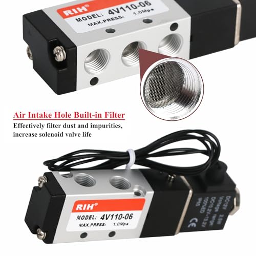 RIH Pneumatics Solenoid Valve 4V110-06 12V/24V/110V Series Single Coil Pilot-Operated Electric 2 Position 5 Way Connection Type (DC12V/Out of line, 1/8"NPT) - size: DC12V/Out of line, style: 1/8"NPT