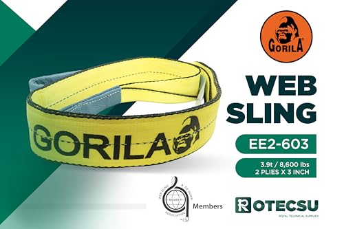 GORILA Polyester Heavy Duty Lifting Web Sling | 2ply - 3 inch | 8,600lbs x 13ft (3,9 Ton x 4 Meters) | WSTDA Members | Safety Factor 5:1 | Since 1989 - size: 8,600lbs – 13ft / 3,9t – 4m