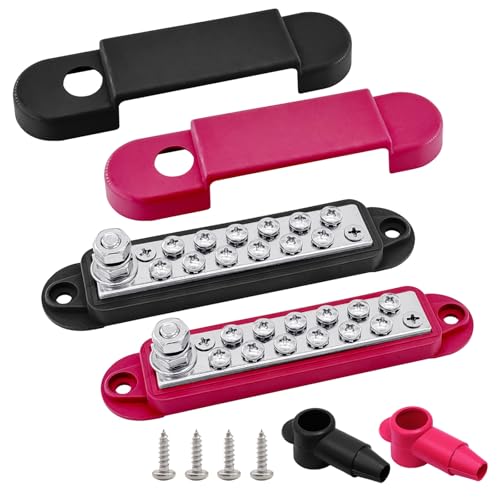 Ampper 1/4" Stud Power Distribution Block Bus Bar with 12 x #8 Screw, R & B - color: Red & Black, size: Plated Brass