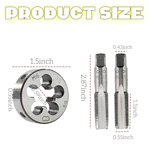 M16 x 1.5 Tap and Die Set, Metric Tap and Round Die Right Hand Fits for Screw Bolt Thread Repair and Tapping DIY Tool - size: M16-1.5mm