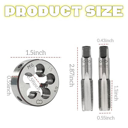 M16 x 1.5 Tap and Die Set, Metric Tap and Round Die Right Hand Fits for Screw Bolt Thread Repair and Tapping DIY Tool - size: M16-1.5mm