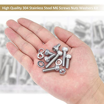 122 Pieces M6 x 10/12 /16/20 /25/30 /35mm Hex Socket Head Cap Screws Nuts Washers Assortment Kit, 304 Stainless Steel, Fully Machine Thread - size: M6, style: Socket Head