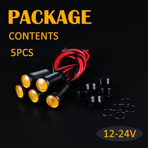 5pcs 10mm LED Indicator Light Plastic Black Signal Dot Lamp 12V-24V 2/5" Mounting Hole Size with 15cm/5.9in. Wire (Yellow LED) - color: Yellow, size: 10mm 12-24V
