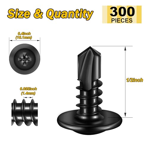 Mywish 300Pcs #8×1/2" Black Self Tapping Screws for Metal, 410 Black Metal Screw Oxide Stainless Steel Truss Head Self Drilling Screws High-Strength - color: Black, size: #8x1/2" (300 pcs)