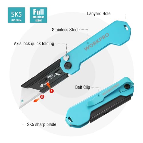 WORKPRO EDC Folding Utility Knife, Mini Box Cutter with Quick Open Axis Lock, Quick Change Blade Razor Knife, Foldable Small Pocket Knife with Belt Clip - color: Blue