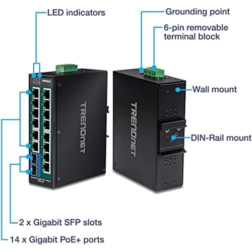 TRENDnet 16-Port Industrial Unmanaged Gigabit PoE+ DIN-Rail Switch,TI-PG162 - style: 14 Port Switch w/ 2 SFP Slots