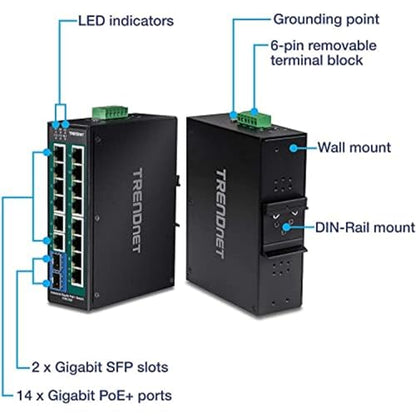 TRENDnet 16-Port Industrial Unmanaged Gigabit PoE+ DIN-Rail Switch,TI-PG162 - style: 14 Port Switch w/ 2 SFP Slots