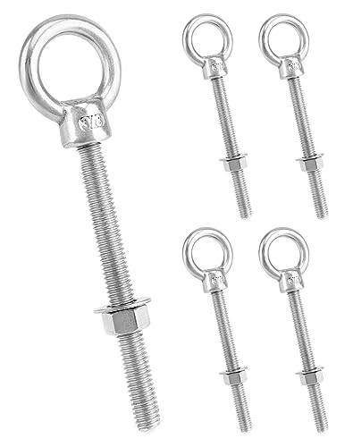 QWORK 316 Stainless Steel Machinery Eye Bolt with Shoulder, 5 Pack 3/8" x 4" Long Stainless Steel Marine Grade Shoulder Eye Bolt, Threaded Eyebolts - color: 5 Pack - 316, size: 3/8" x 4"
