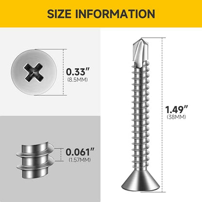 Mywish (150Pcs) #10 x 1-1/2" Self Tapping Screws, Stainless Steel Flat Head Sheet Metal Screws, Tek Self Drilling Mouting Screw for Metal Plastic Fast Tapping - size: #10 x 1-1/2"