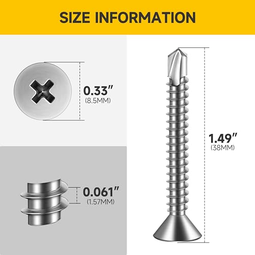 Mywish (150Pcs) #10 x 1-1/2" Self Tapping Screws, Stainless Steel Flat Head Sheet Metal Screws, Tek Self Drilling Mouting Screw for Metal Plastic Fast Tapping - size: #10 x 1-1/2"