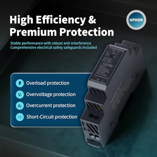 Ultra Slim Step-Shape 1SU DIN Rail Power Supply, 12V 1.25A 15W GPHDR-15-12 for Industrial Automation, Communication Base Stations, Data Centers and Medical Equipment - size: 15W-12VDC-1.25A