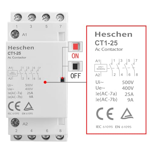 Heschen Household AC Contactor, CT1-25, Ie 25A, 4-Pole Four Normally Open, AC 24V Coil Voltage, 35mm DIN Rail Mount