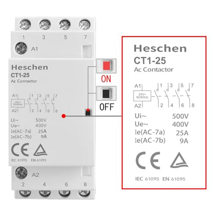 Heschen Household AC Contactor, CT1-25, Ie 25A, 4-Pole Four Normally Open, AC 24V Coil Voltage, 35mm DIN Rail Mount