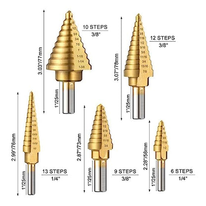 6pcs Step Drill Bit Set, 5 Titanium Coated Hss Step Bit & Automatic Center Punch Unibit, 50 Sizes Step Drill for Multiple Hole Drill with Aluminum Case for DIY Lovers and Home Use