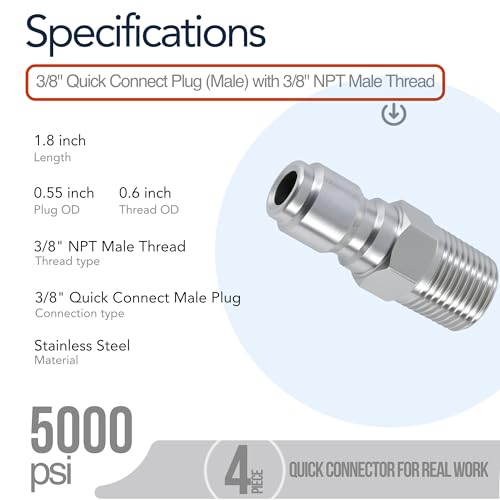 3/8 Inch Pressure Washer Quick Connect Fittings, Stainless Steel, 4-Piece - color: 4 Piece