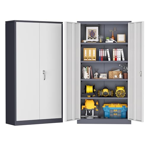 Greenvelly 72" H Metal Garage Storage Cabinet with 2 Doors and 4 Adjustable Shelves, White Grey Metal Cabinet with Lock for Office,Home, Garage, Gym, School - color: White Grey, size: 18"D x 36"W x 72"H