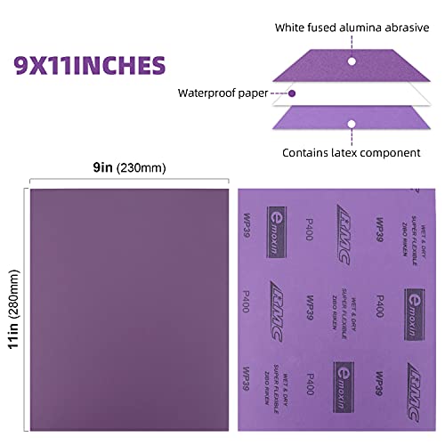 POLIWELL 400 Grit Sanding Sheets 20 PCS 9 x 11 Inch Purple Alumina - style: 400Girt